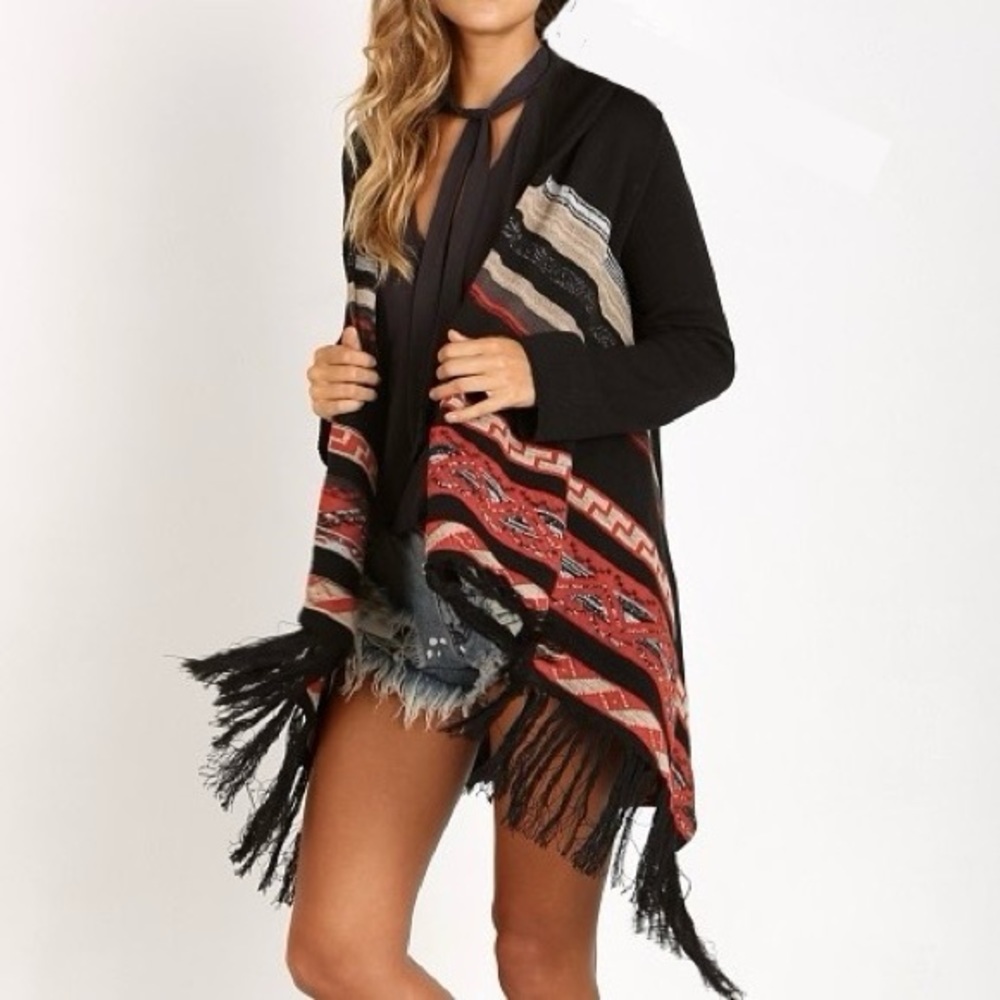 Goddis Knitwear Phoebe Montana Fringe Cardi High-Low Boho Open Cardigan M/L